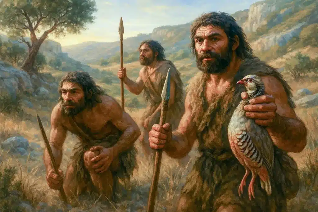 Recreción de una escena de caza de perdiz de cazadores neandertales.