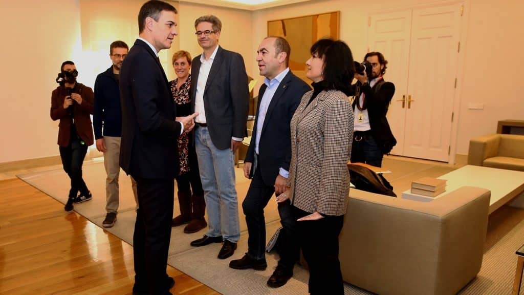 Pedro Sánchez, saluda a los representantes de las asociaciones ecologistas Greenpeace, Ecologistas en Acción, World Wildlife Fund, SEO/Birdlife y Amigos de la Tierra. © Pool Moncloa